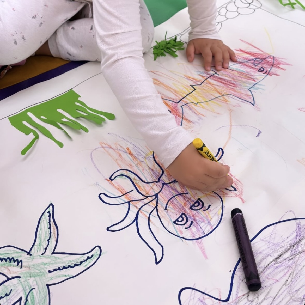 A child colouring pictures of sea animals like a fish and an octopus on a large piece of paper.