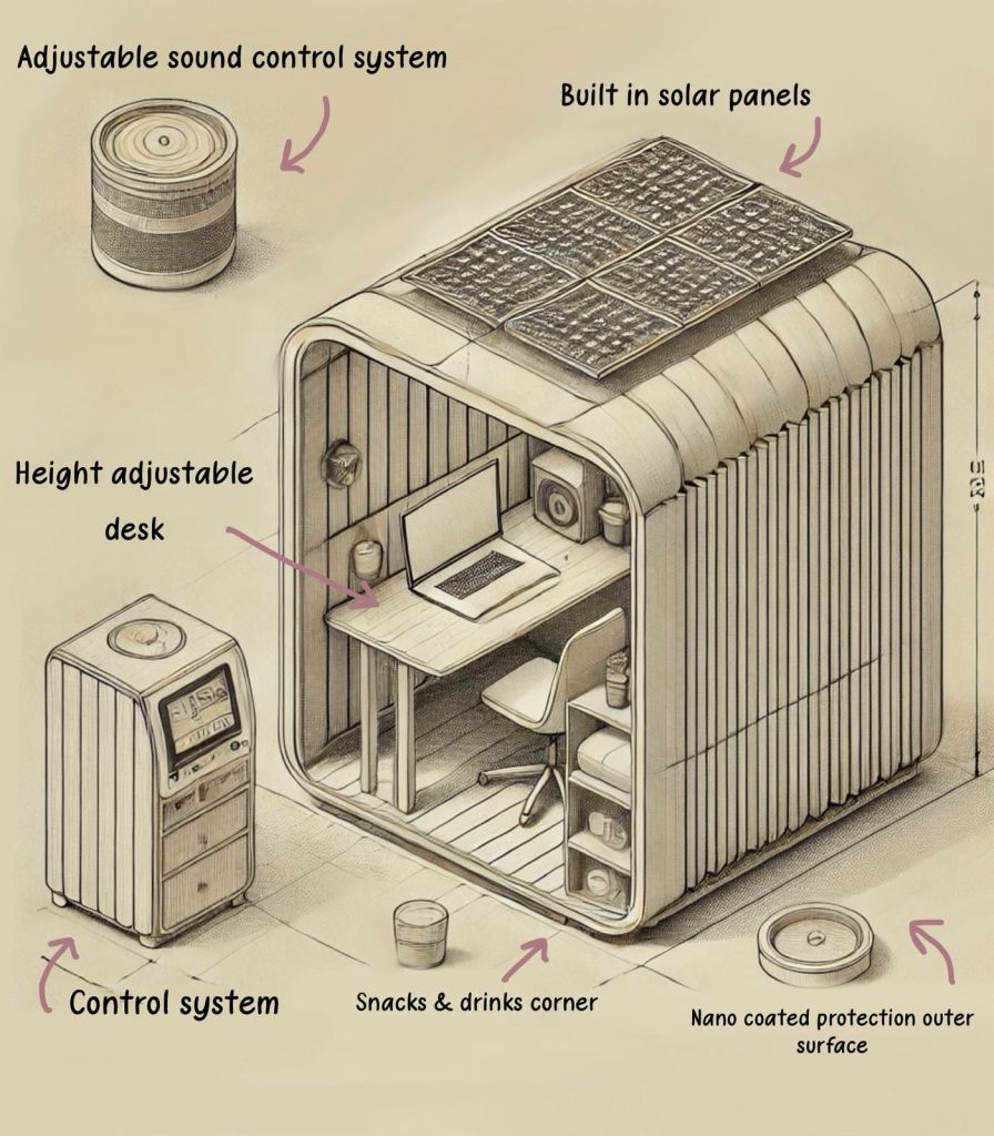 A sketch of the designs and features of the study pod. 