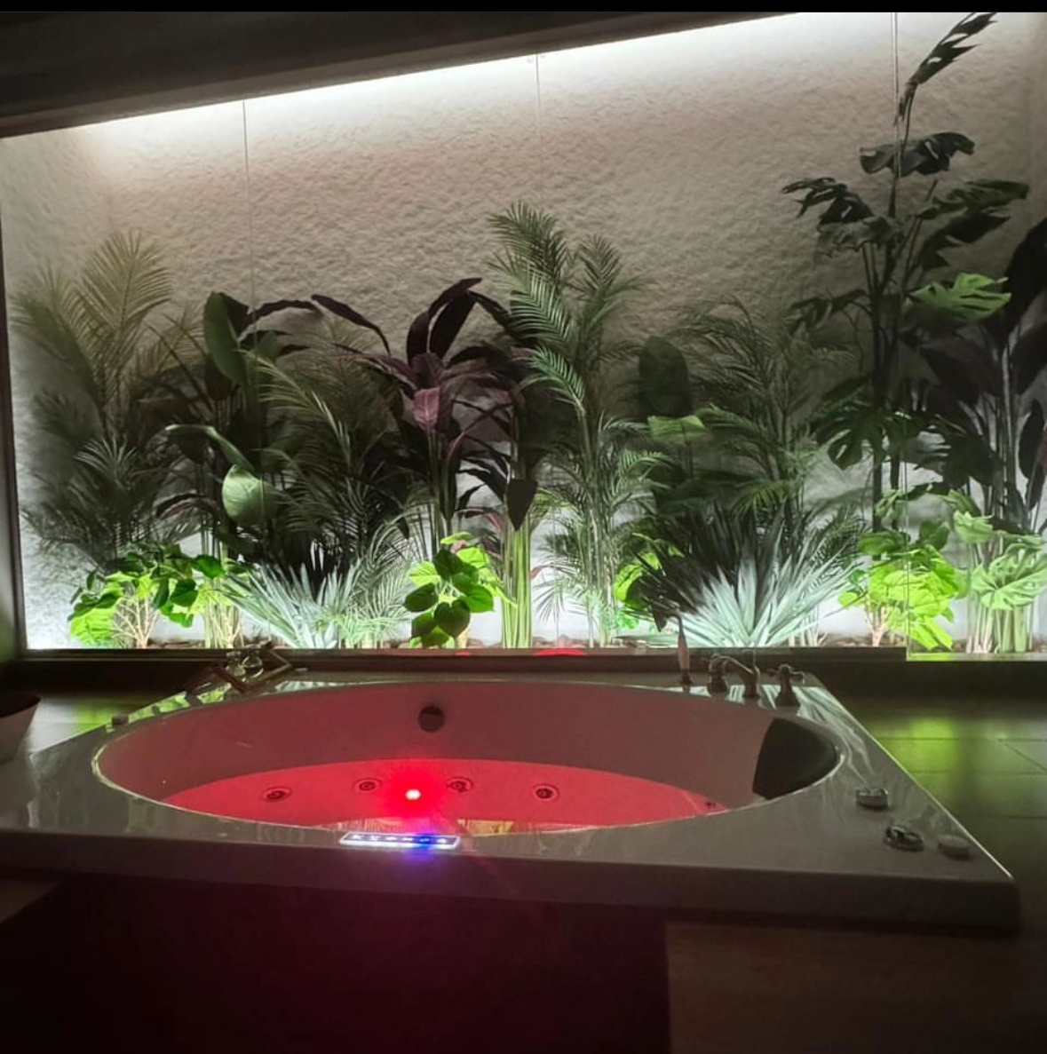 A jacuzzi with red lights and green plants around it.