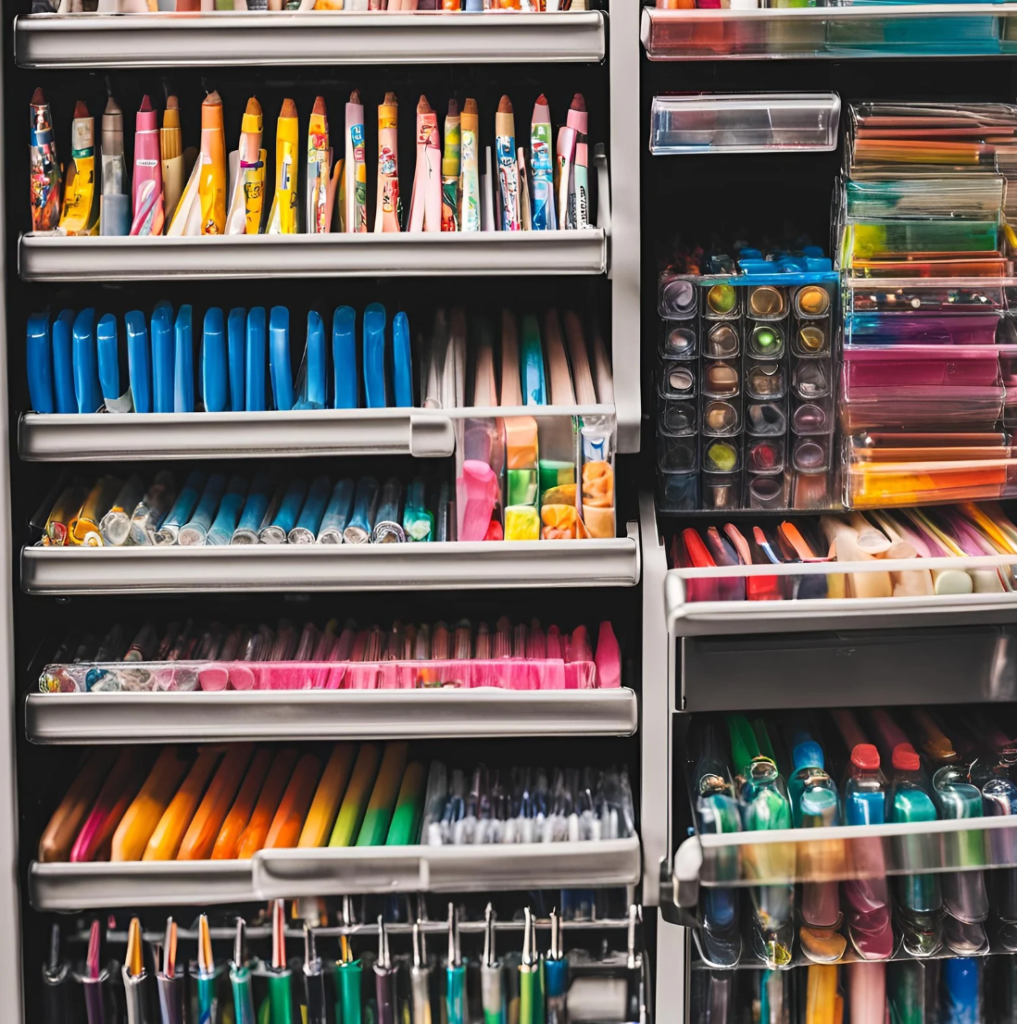 A large cabinet showcasing products from a smart stationery vending machine, including a variety of colorful pens and pencils.