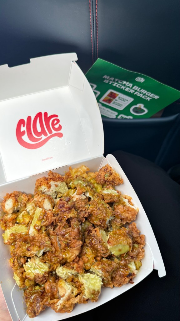 Matcha loaded fries with crispy chicken, featured on the matcha menu