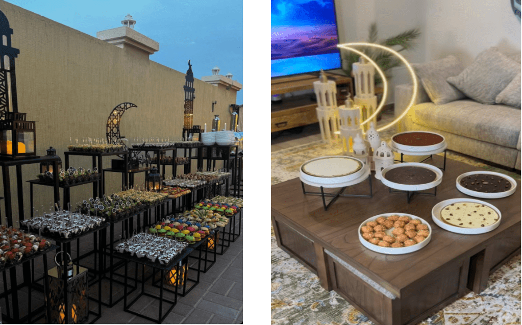 picture 1: Iftar meal at a Ramadan café in Dubai

picture 2: A beautifully arranged Iftar and Suhoor catering setup in Dubai, featuring a variety of traditional Ramadan dishes at Dubai cafes open during Ramadan