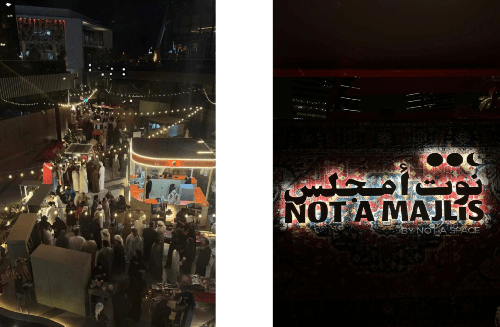 picture 1: Ramadan night market in dubai with traditional stalls, cultural attire, and festive lights, a must visit spot during Dubai cafes open during Ramadan.

picture 2: A decorative sign reading 'NOT A MAJLIS' with Arabic text, illuminated against a patterned backdrop, creating a modern take on traditional gathering spaces for Ramadan cafes.