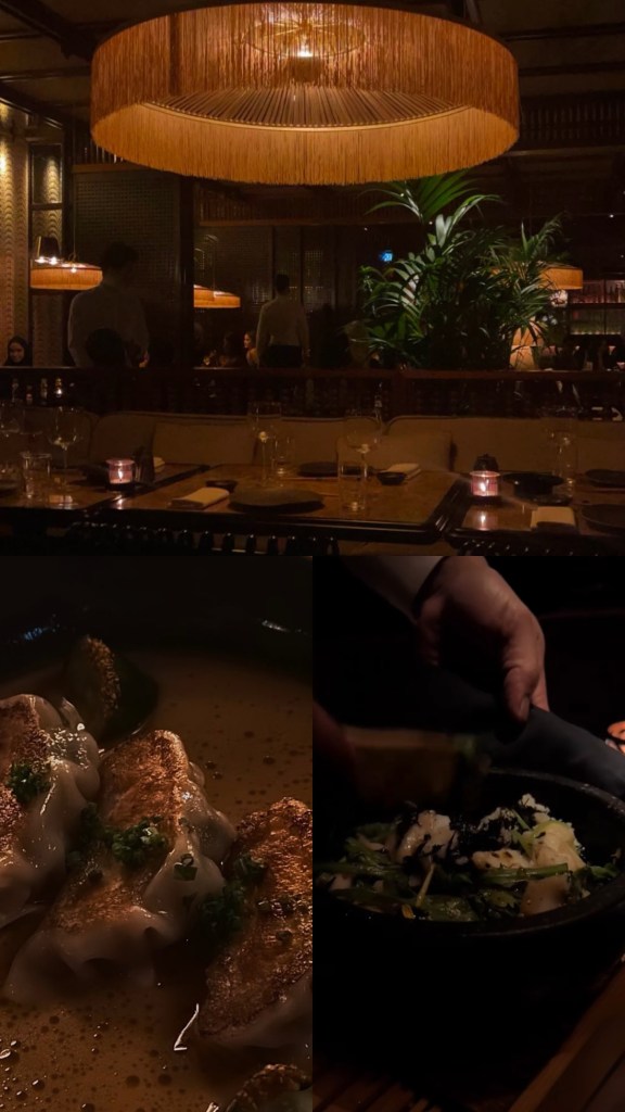 Delicate Japanese dumplings in a flavorful broth alongside a vibrant green seafood dish, showcasing Mimi Kakushi’s modern Japanese fine dining in Dubai."