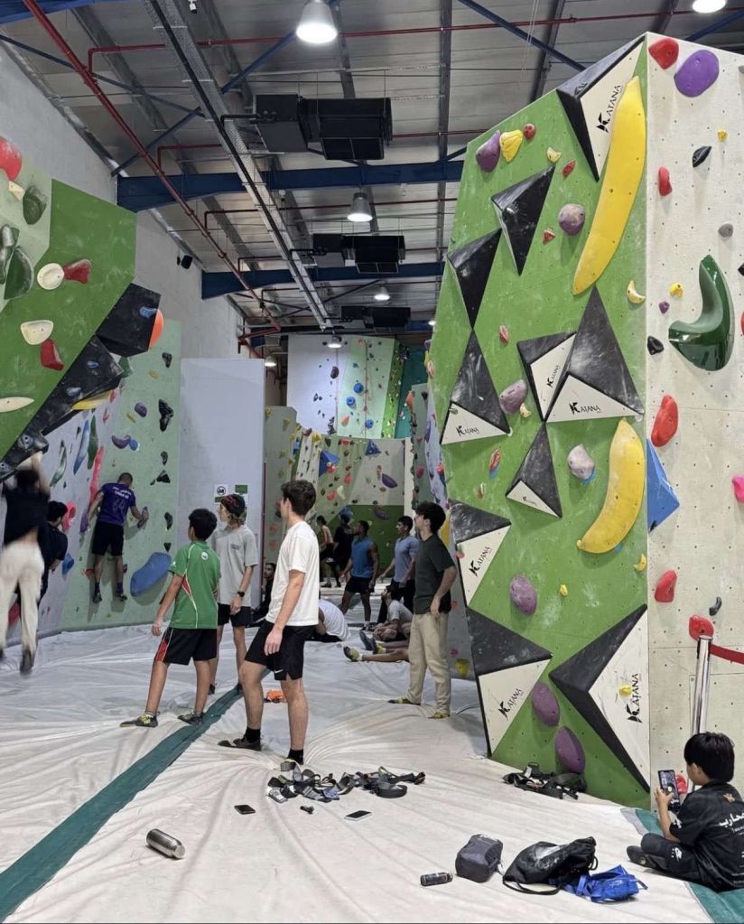 Indoor bouldering area at Mountain Extreme Dubai