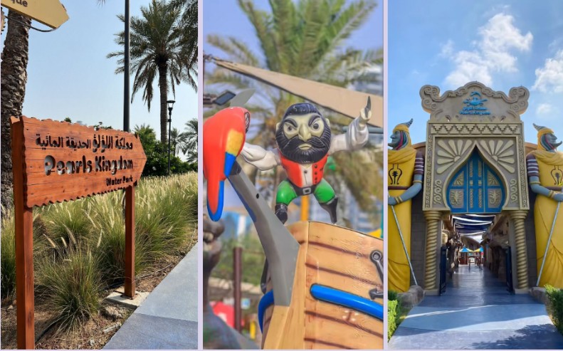 Sharjah's Waterpark Pearls Kingdom has a warm wooden arrival sign between palm trees, a lively pirate character holding a parrot on a ship, and a grand Arabian gateway decorated with blue and gold patterns that opens to the amusement-studded park under a clear sunny sky