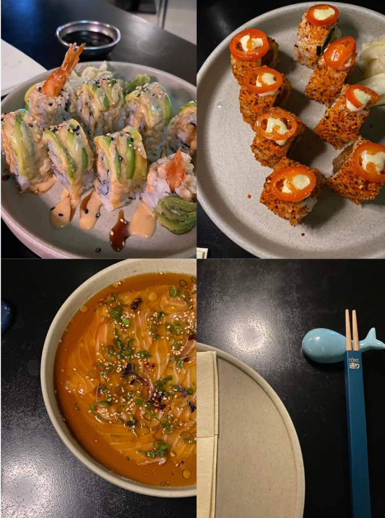 tori’s spicy tuna roll , salmon carpaccio and sushi shrimp tempura