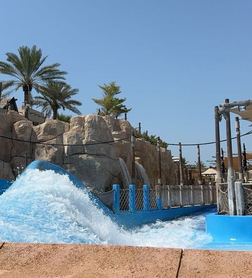 A sunny day at a water park with waves, rocks, and palm trees.