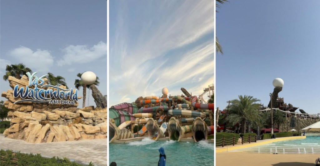 Three shots at Yas Waterworld Abu Dhabi: the sign of the entrance to the water park on the rocky building with palm trees, colorful water slides with a pool, tropical-themed zone with slides, palm trees, and a shallow pool.
